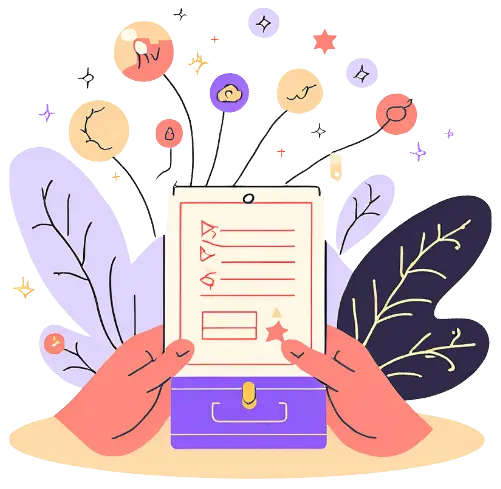 Illustration of hands holding a checklist with surrealistic balloons and stars spreading from the checklist.
